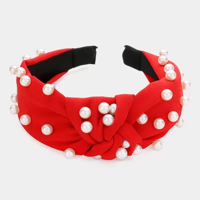 Fashnzfab Pearl Embellished Knot Burnout Headband In Red