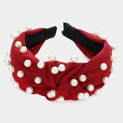 Fashnzfab Pearl Embellished Knot Burnout Headband In White