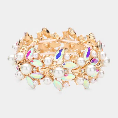Fashnzfab Pearl Embellished Marquise Stone Leaf Stretch Evening Bracelet Ab, Gold In Multi