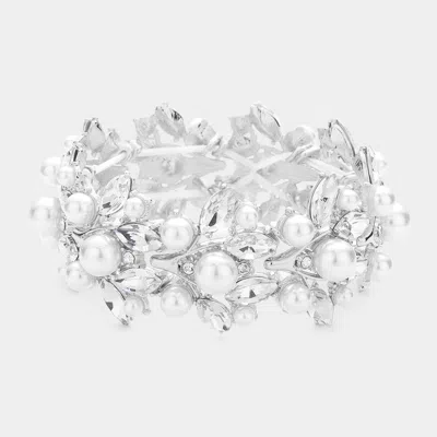 Fashnzfab Pearl Embellished Marquise Stone Leaf Stretch Evening Bracelet Silver