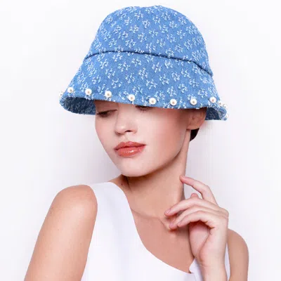 Fashnzfab Pearl Embellished Patterned Bucket Hat In Blue