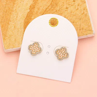 Fashnzfab Pearl Embellished Quatrefoil Stud Earrings In Gold