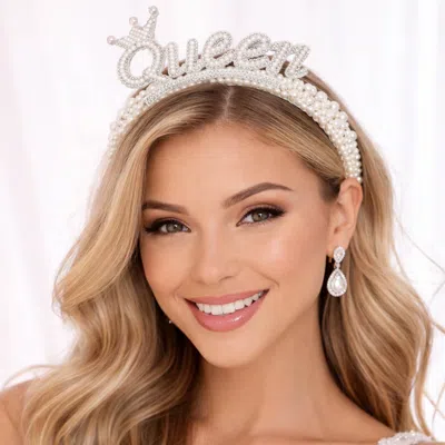 Fashnzfab Pearl Embellished Queen Crown Statement Headband In Silver