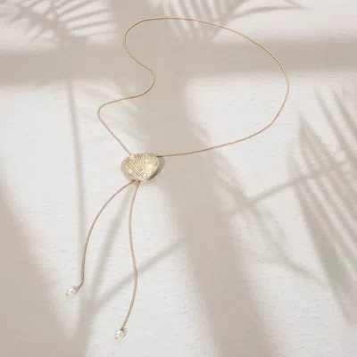 Fashnzfab Pearl Embellished Shell Pendant Accent Adjustable Sliding Bolo Long Necklace In Gold