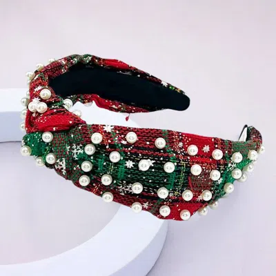 Fashnzfab Pearl Embellished Snowflake Printed Checkered Knot Headband In Multi