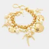 Fashnzfab Pearl Embellished Starfish Shell Multi Charm Toggle Bracelet Gold, Matte Gold In Multi