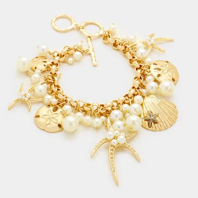 Fashnzfab Pearl Embellished Starfish Shell Multi Charm Toggle Bracelet Gold, Matte Gold
