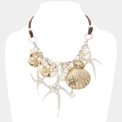 Fashnzfab Pearl Embellished Starfish Shell Pendant Beaded Statement Necklace - Worn Gold, Worn Silver In Multi