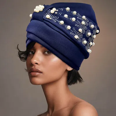 Fashnzfab Pearl Embellished Statement Turban Hair Wrap In Blue