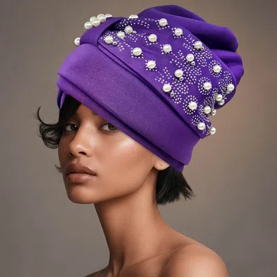 Fashnzfab Pearl Embellished Statement Turban Hair Wrap In Purple