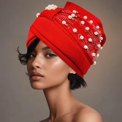 Fashnzfab Pearl Embellished Statement Turban Hair Wrap In Red