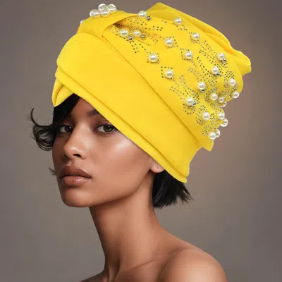 Fashnzfab Pearl Embellished Statement Turban Hair Wrap In Yellow