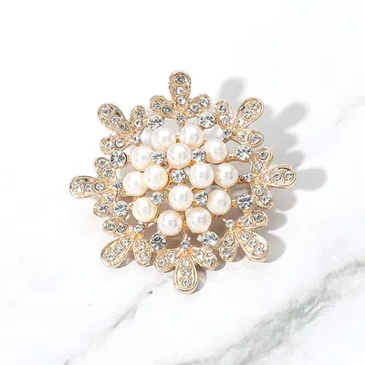 Fashnzfab Pearl Embellished Stone Paved Flower Pin Brooch In Gold