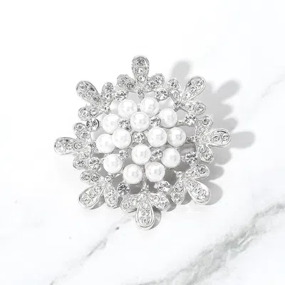 Fashnzfab Pearl Embellished Stone Paved Flower Pin Brooch Silver In Gray