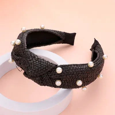 Fashnzfab Pearl Embellished Straw Knot Burnout Headband In Black