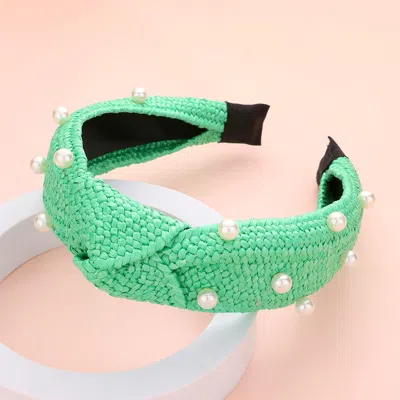 Fashnzfab Pearl Embellished Straw Knot Burnout Headband In Green