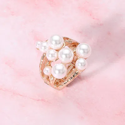 Fashnzfab Pearl Embellished Stretch Ring - Cream, Gold In Silver