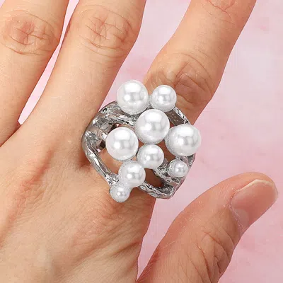 Fashnzfab Pearl Embellished Stretch Ring In Silver