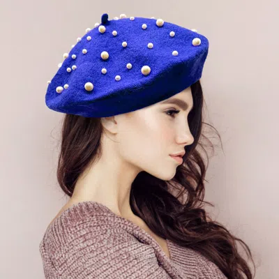 Fashnzfab Pearl Embellished Tam Beret Hat In Blue