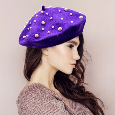 Fashnzfab Pearl Embellished Tam Beret Hat In Purple