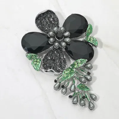 Fashnzfab Pearl Embellished Teardrop Stone Accented Flower Leaf Pin Brooch In Black