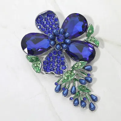 Fashnzfab Pearl Embellished Teardrop Stone Accented Flower Leaf Pin Brooch In Blue