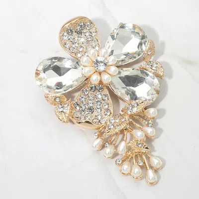 Fashnzfab Pearl Embellished Teardrop Stone Accented Flower Leaf Pin Brooch In Metallic