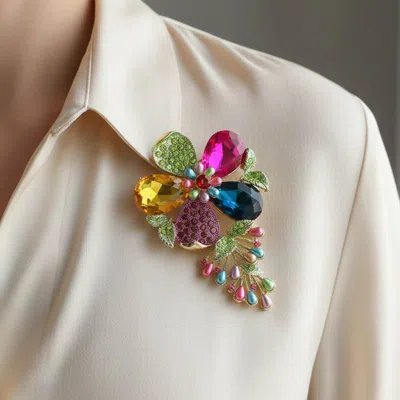 Fashnzfab Pearl Embellished Teardrop Stone Accented Flower Leaf Pin Brooch In Multi