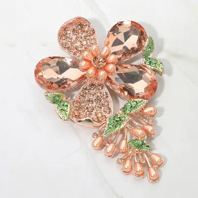 Fashnzfab Pearl Embellished Teardrop Stone Accented Flower Leaf Pin Brooch In Orange