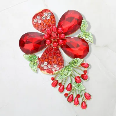 Fashnzfab Pearl Embellished Teardrop Stone Accented Flower Leaf Pin Brooch In Red