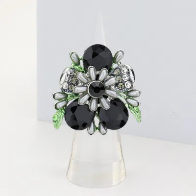 Fashnzfab Pearl Embellished Teardrop Stone Accented Flower Stretch Ring In Black