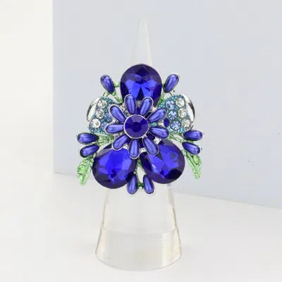 Fashnzfab Pearl Embellished Teardrop Stone Accented Flower Stretch Ring In Blue
