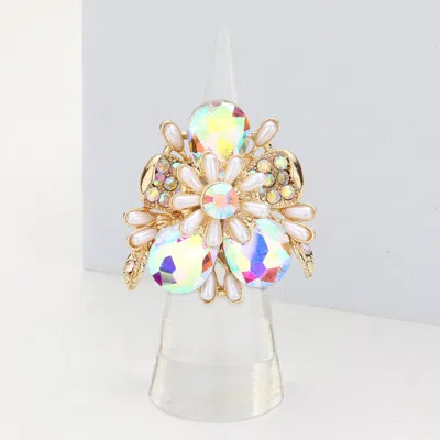 Fashnzfab Pearl Embellished Teardrop Stone Accented Flower Stretch Ring In Multi