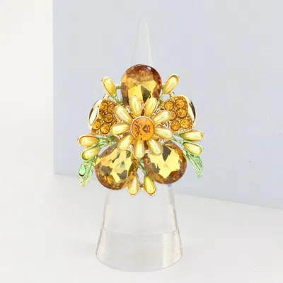 Fashnzfab Pearl Embellished Teardrop Stone Accented Flower Stretch Ring In Yellow