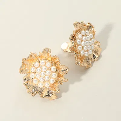Fashnzfab Pearl Embellished Textured Metal Flower Clip On Earrings In Gold