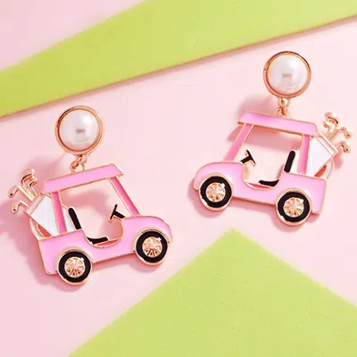 Fashnzfab Pearl Enamel Golf Cart Drop Dangle Earrings In Pink