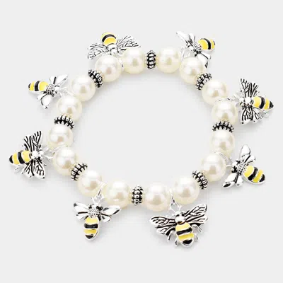 Fashnzfab Pearl Enamel Honey Bee Stretch Bracelet Antique Silver In White