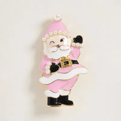 Fashnzfab Pearl Enamel Santa Pin Brooch In Pink
