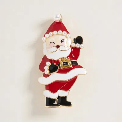 Fashnzfab Pearl Enamel Santa Pin Brooch In Silver