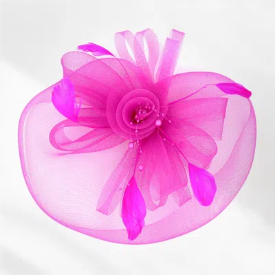 Fashnzfab Pearl Feather Mesh Flower Fascinator / Headband In Pink