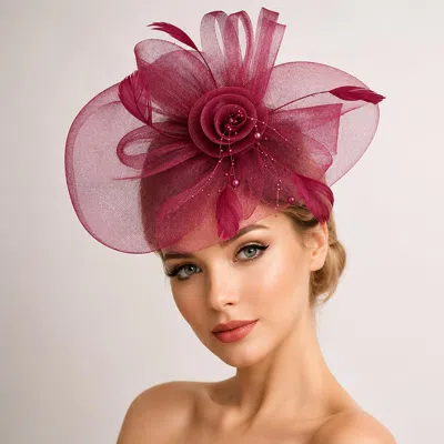 Fashnzfab Pearl Feather Mesh Flower Fascinator Headband In Red
