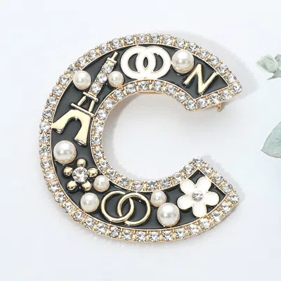 Fashnzfab Pearl Floral Eiffel Tower Charm Embellished Letter C Pin Brooch In Black