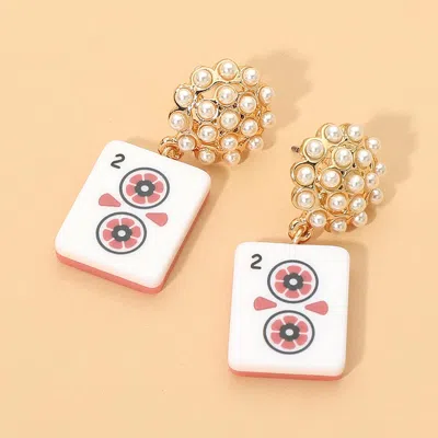 Fashnzfab Pearl Floral Mahjong Tile Charm Drop Dangle Earrings In Silver