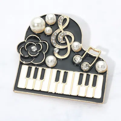 Fashnzfab Pearl Floral Musical Motif Embellished Piano Pin Brooch In Black