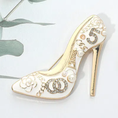 Fashnzfab Pearl Floral Number Five Fashion High Heel Pin Brooch In Gold