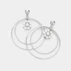 Fashnzfab Pearl Flower Accented Double Open Metal Circle Layered Dangle Earrings In Silver