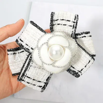 Fashnzfab Pearl Flower Center Tweed Bow Hair Barrette In Gray