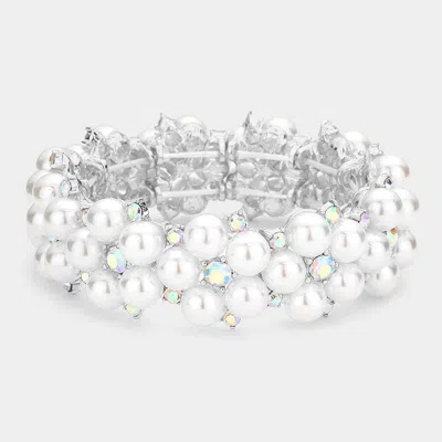 Fashnzfab Pearl Flower Cluster Link Stretch Bracelet Ab, Silver