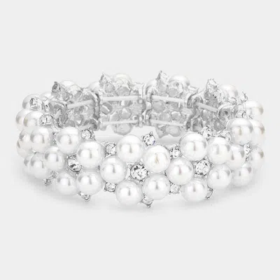 Fashnzfab Pearl Flower Cluster Link Stretch Bracelet Silver