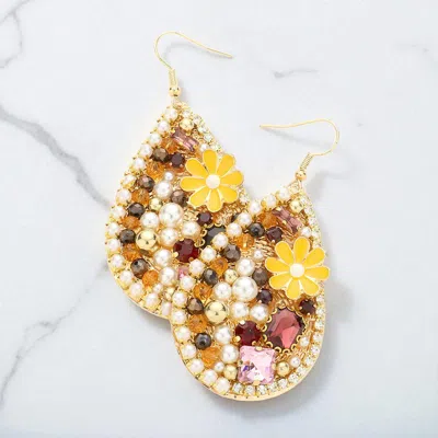 Fashnzfab Pearl Flower Stone Bead Embellished Teardrop Dangle Earrings In Yellow